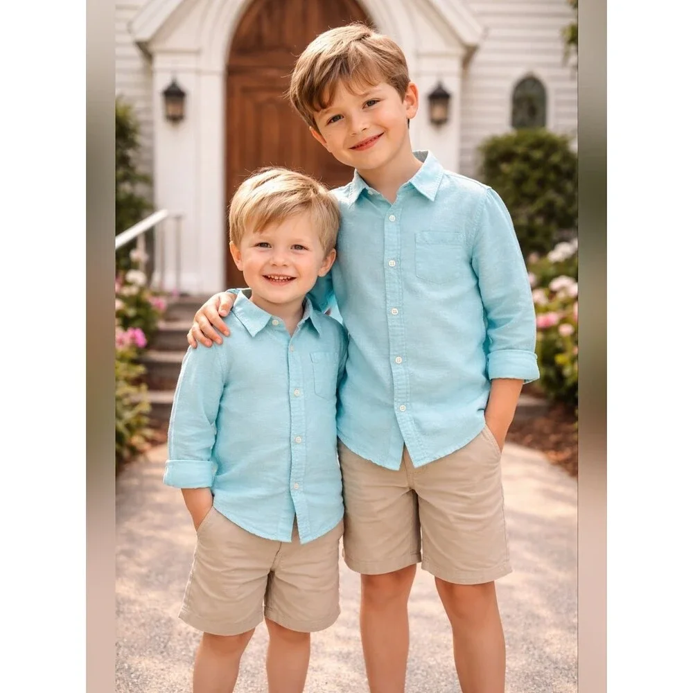 Janie And Jack Aqua Blue Kids Boys Linen Cotton Easter Button Down Shirt Size 7